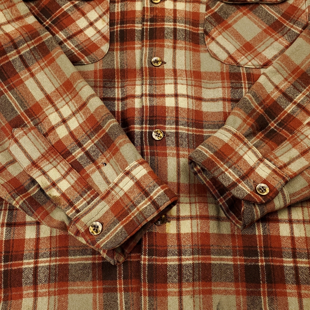 Vintage 60s 70s Pendleton Wool Board Shirt Large Loop Collar Flannel Orange Tan - Picture 6 of 14